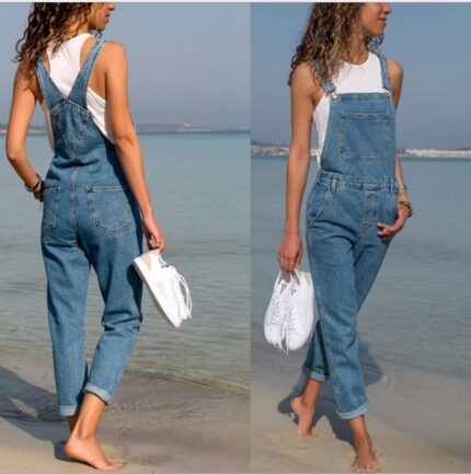 Salopette jeans bleu clair délavé en coton décontracté