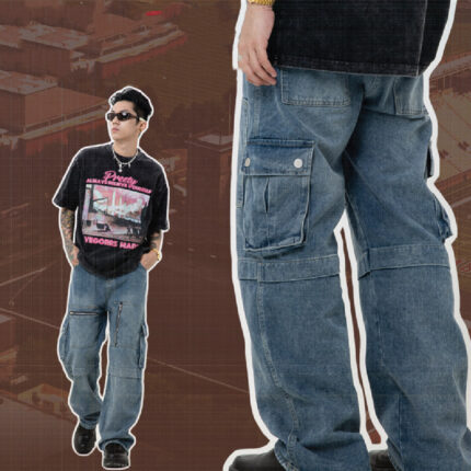 Très stylés jean multi-poches, amples à jambes larges avec fermeture éclair pour hommes